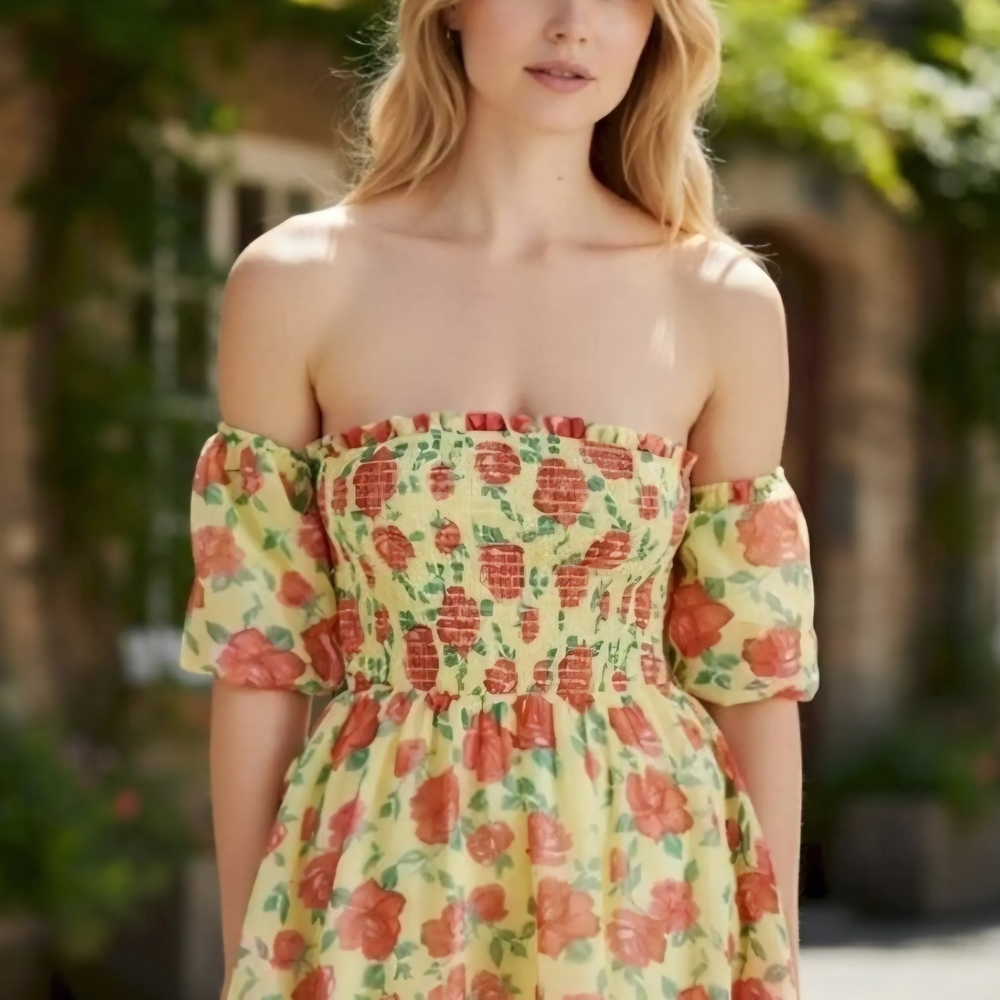 Betsey Johnson Yellow Floral Off-Shoulder Mini Dress
